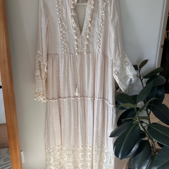 None Dresses & Skirts - Cream Long Sleeve Maxi Dress Bohemian Vacation Resort wear lace tassel fringe